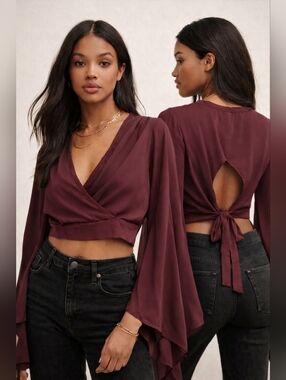 New Rag Therapy Burgundy Wrap Crop Top Open Back Tie Bell Sleeve USA Semi Sheer